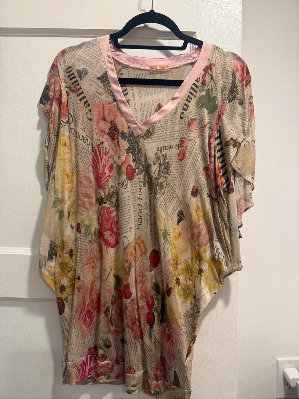Galliano Floral & Newspaper-Print V-Neck Tunic in Pink, Yellow, Green